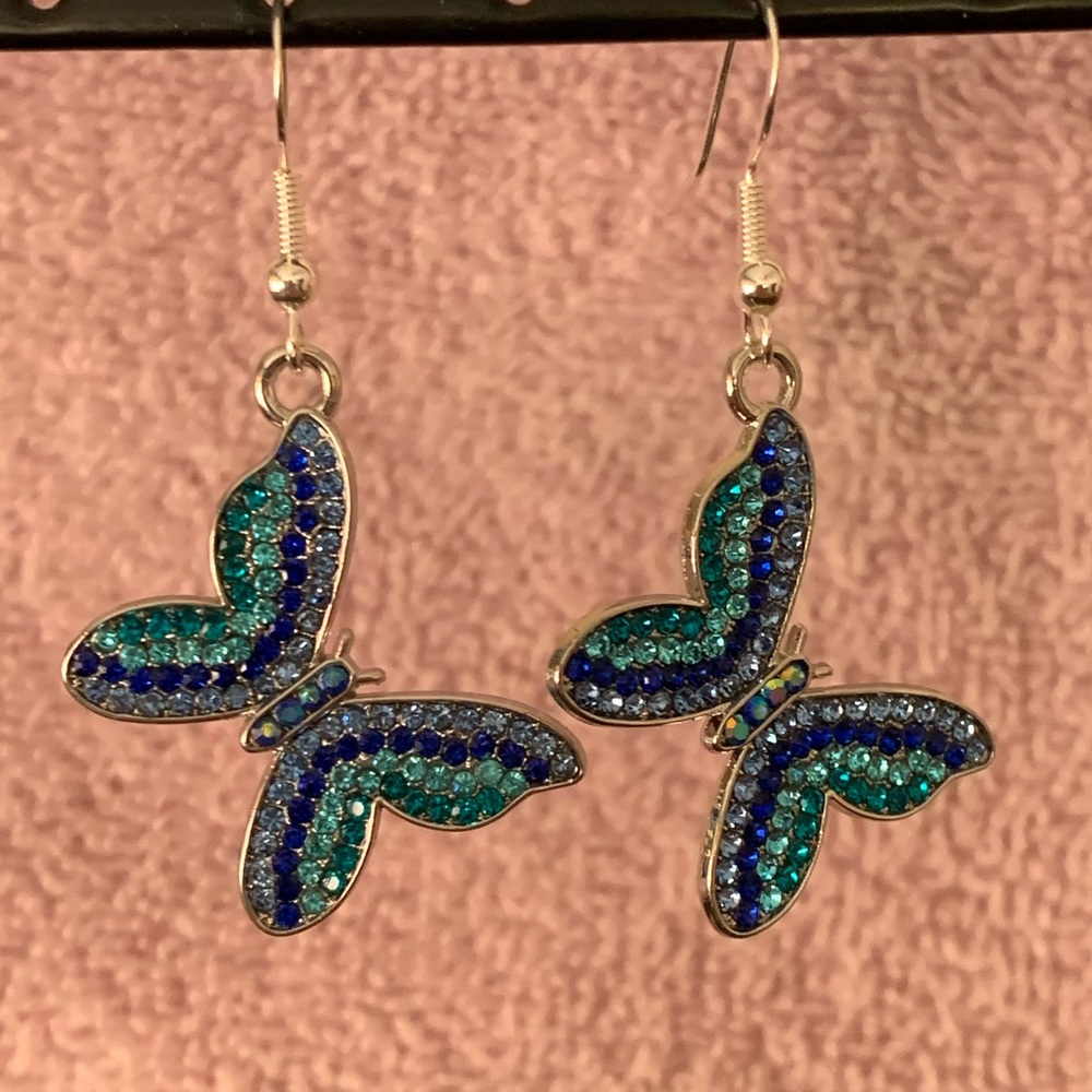 Blue Crystal Butterfly 🦋 Earrings - Picture 2 of 3